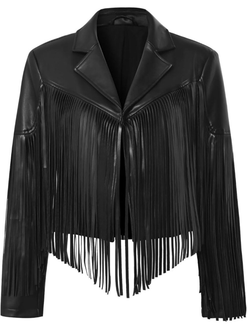 Women's Black Fringe Faux Leather Long Sleeve Casual Crop Top Cowgirl Jackets